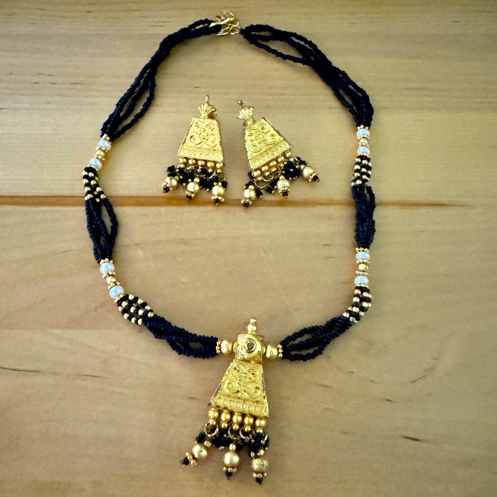 Gold and Black Bead Necklace and Earrings from India